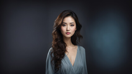 Effortlessly chic Japanese woman with flawless skin and natural beauty. Brunette with neat hair, gazing confidently at camera. Studio shot with copy space, perfect for beauty and fashion campaigns