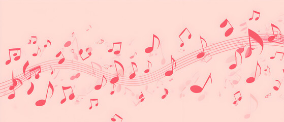 A vector illustration of a music notes banner, featuring a fresh pink color palette. The notes are stylized and float along curved lines that frame a central white space for text