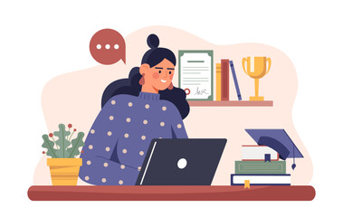 Woman with skills training. Young girl with laptop near textbooks and graduation hat. Student does her homework. Learning, education and training on Internet. Flat vector illustration