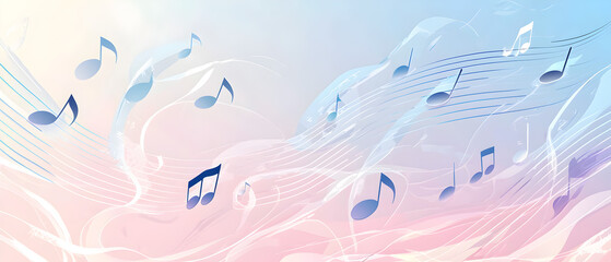 Fototapeta premium A vector illustration of a music notes banner, featuring a fresh blue color palette. The notes are stylized and float along curved lines that frame a central white space for text