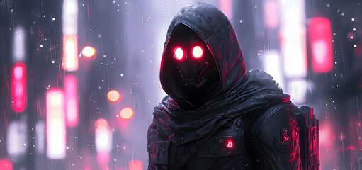 Futuristic Cyborg in Rainy Cityscape.