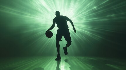 A silhouetted basketball player dribbling a ball against a vibrant green background.