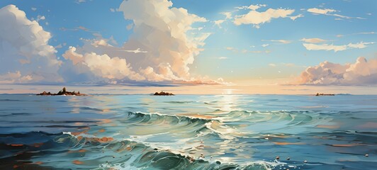 A serene seascape at sunset with gentle waves and soft clouds.