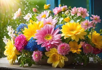 vibrant spring flower arrangement showcasing bright colors natural light fresh lively atmosphere, bouquet, blossoms, petals, flora, greenery, garden