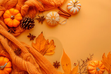 Orange autumn background with pumpkins, leaves and wool blanket. Top view. Copy space