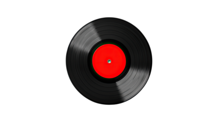 A classic vinyl record with a striking red label isolated on transparent background