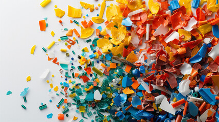 Colorful Microplastics on White Background Highlighting Environmental Hazard