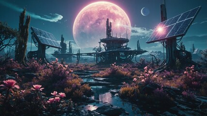Fototapeta premium The land of futuristic research stations linked to the nature of an alien planet shows its unusual face