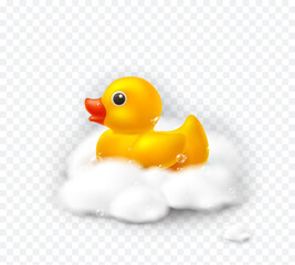 Duck with soap foam isolated on transparent background. Yellow bath baby rubber toy and white soappy bubbles. Vector 3d bathtub kid game element template