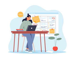 Woman with strategic planning. Young girl with laptop sits against background of board with list of tasks. Motivation and leadership. Time management and efficient workflow. Flat vector illustration
