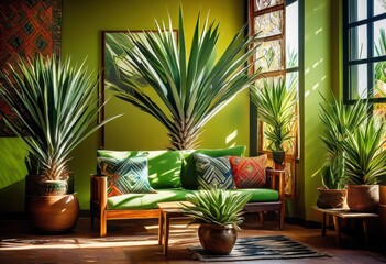 Obraz premium vibrant yucca plant flourishing lively indoor environment bright colors lush foliage, colorful, thriving, leaves, greenery, decor, home, houseplant, sunlight