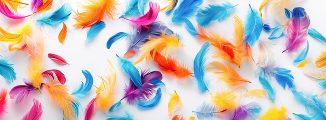 Colorful Assorted Feathers Scattered on White Background