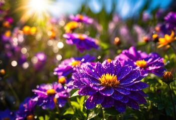 Fototapeta premium vibrant purple blooms cheerful garden setting lush greenery bright sunlight, flower, petal, leaf, plant, botanical, nature, landscape, floral, beauty