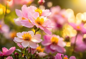 Fototapeta premium colorful blossoms dancing under bright sunlight lush garden setting, blooms, flowers, petals, colors, nature, plants, vibrant, beauty, flora, summer