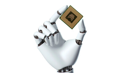 Robotic arm or robot hand holding an AI chip artificial intelligence on transparent background