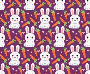 Naklejka premium Seamless cartoon pattern with cute rabbits, and carrots. Vector colorful backdrop in flat style 