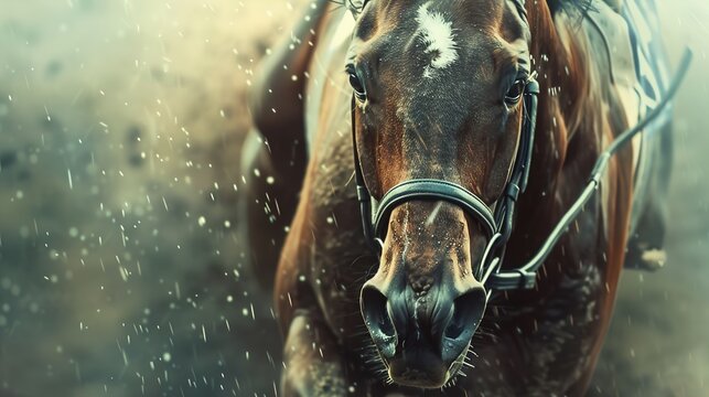 A close-up of a racehorse's focused eyes and flared nostrils as it races down the track.