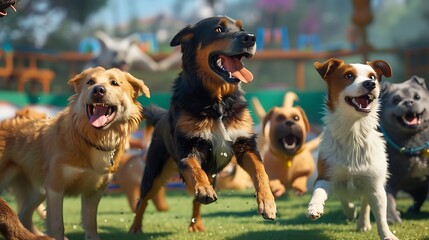 Group of dogs playing together in a park, showcasing their playful nature and diverse breeds.