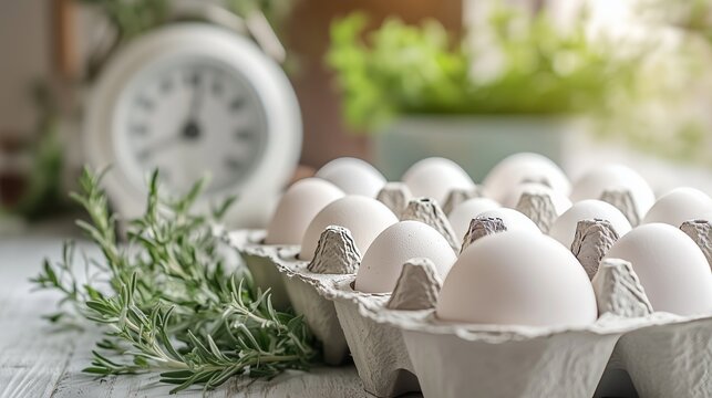 A rustic carton of glossy white eggs beside herbs and an egg timer evokes a cozy kitchen vibe.