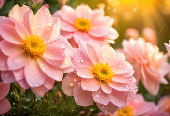 Fototapeta premium vibrant floral blooms illuminated sunrise glow soft moisture petals creating lively fresh atmosphere, flowers, nature, garden, colors, beauty, freshness