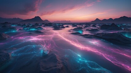 Naklejka premium Wallpaper landscape like an icy planet lit by neon beautiful lights