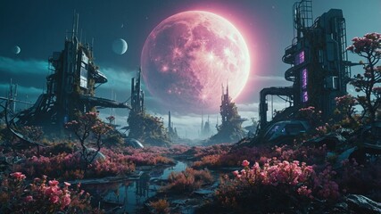 Fototapeta premium The land of futuristic research stations linked to the nature of an alien planet shows its unusual face