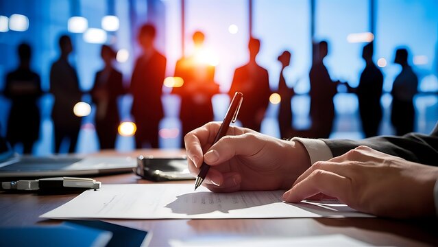 A businessman signing a document on a desk with blurred lights