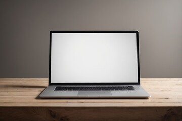 Fototapeta premium Modern laptop with blank screen on wooden table with grey background