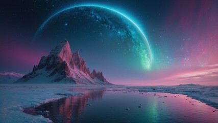 Beautiful purple mountains wallpaper with cosmic light, panoramic landscape