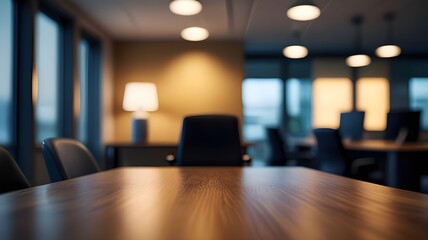 Modern Office Interior with Wooden Desk in Focus