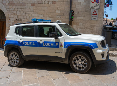 Assisi, Umbria, Italy - July 25, 2024: A local police (Polizia Locale) vehicle is seen in Assisi, Umbria, Italy. 