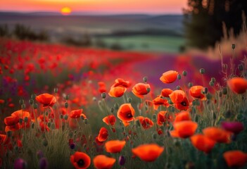 Obraz premium stunning twilight scene vibrant poppy field captured soft focus rich colors dreamy atmosphere, nature, blooms, landscape, flowers, garden, petals, sky