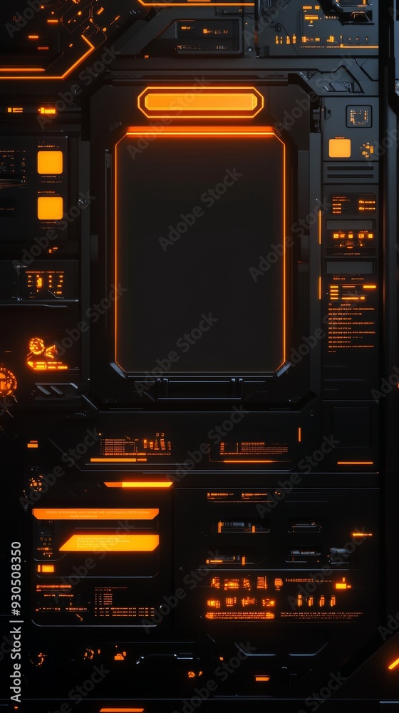 Poster futuristic interface showing glowing orange lights and buttons