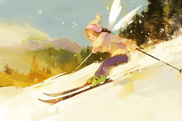 Naklejka premium Winter Skiing Adventure in Digital Art Woman Skiing Down a Snowy Mountain Slope