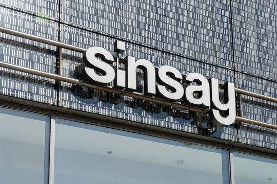 Krakow, Poland - July 30, 2024: Close up of Sinsay logo sign on the building in Krakow, Poland. Sinsay is a popular Polish brand of the LPP retail chain. 