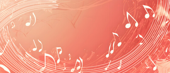 A vector illustration of a music notes banner, featuring a fresh red color palette. The notes are stylized and float along curved lines that frame a central white space for text