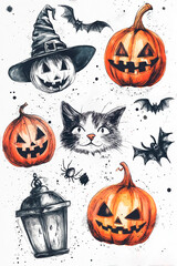 Funny Halloween stickers with pumpkins lanterns