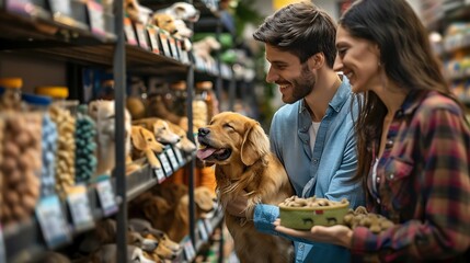 Couple shopping for dog supplies in a pet store, highlighting the pet care industry.