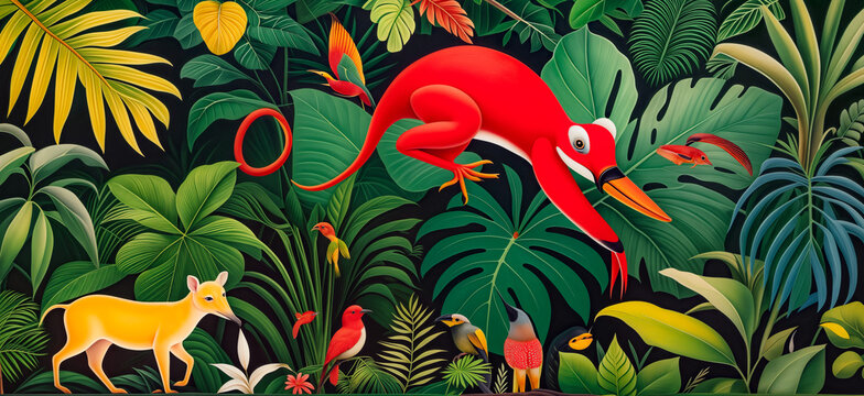 Vibrant Jungle Fantasy: Whimsical Illustration of a Red Monkey-Toucan Hybrid Swinging Through Lush Foliage, with Colorful Birds and a Yellow Mouse Deer.