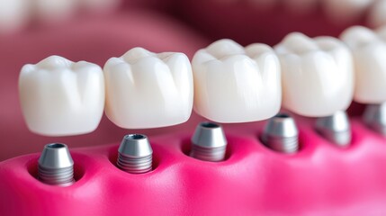 Close-up of dental implants with crowns, showcasing a healthy smile.