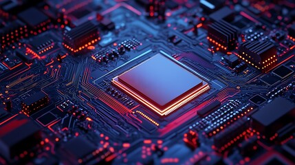 Close-up of a glowing microprocessor on a circuit board