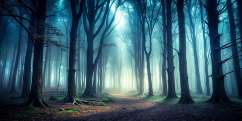 Mysterious dark forest with eerie fog and looming shadows