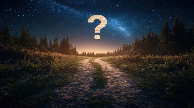 Question mark symbol glowing over night forest path