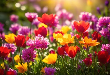 Fototapeta premium vibrant spring flowers displaying splendor bright colors lush greenery lively garden setting, bloom, blossom, petal, colorful, flora, fresh, seasonal, outdoor