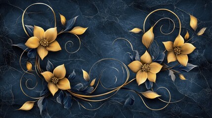 This design showcases art nouveau elements with copper leaves and gold flowers framed by a dark gray stone texture, creating a stunning visual on a black background