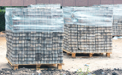 Paving slabs during road repair in the park