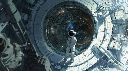 Obraz premium Astronaut in Space Station Corridor Looking Out Window