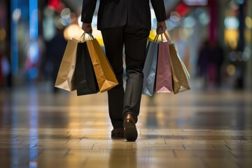A person in business attire walking with shopping bags, seen from behind, at an indoor mall or shop interior Generative AI