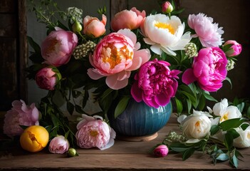 Obraz premium colorful floral arrangements displayed decorative surfaces lush greenery textured backgrounds, bouquet, decoration, design, flower, garden, indoor, petal