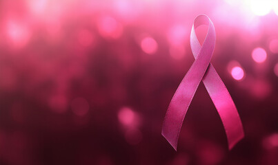 Pink ribbon against blurred pink bokeh background, breast cancer awareness symbol with festive or glamorous atmosphere, elegant representation for fundraising gala or charity event